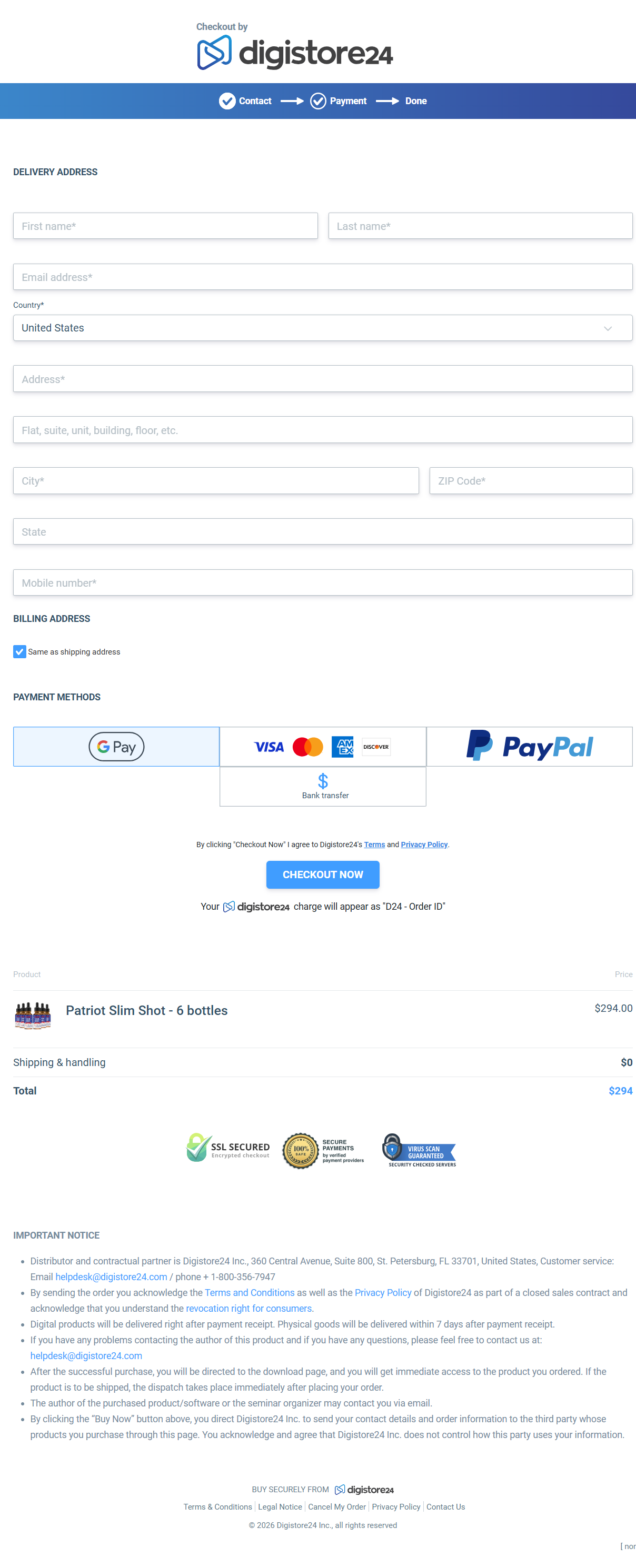 Patriot Slim Shot - Order Page